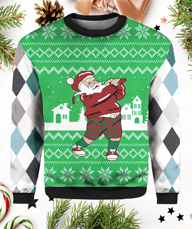 Color: SKY BLUE, Size: XXL - Funny Santa Claus Graphic Ugly Christmas Sweater 2026 Men Fashion Autumn Winter 3D Printed Sweatshirt Casual Oversized Pullovers