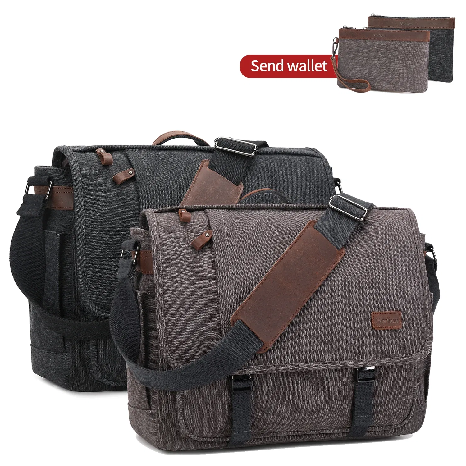 Color: Khaki - Waterproof Canvas Messenger Bag for Men, Messenger Bag  ,Shoulder Bag, Casual Computer Bag, Business Bag, Crazy Horse Cowhide