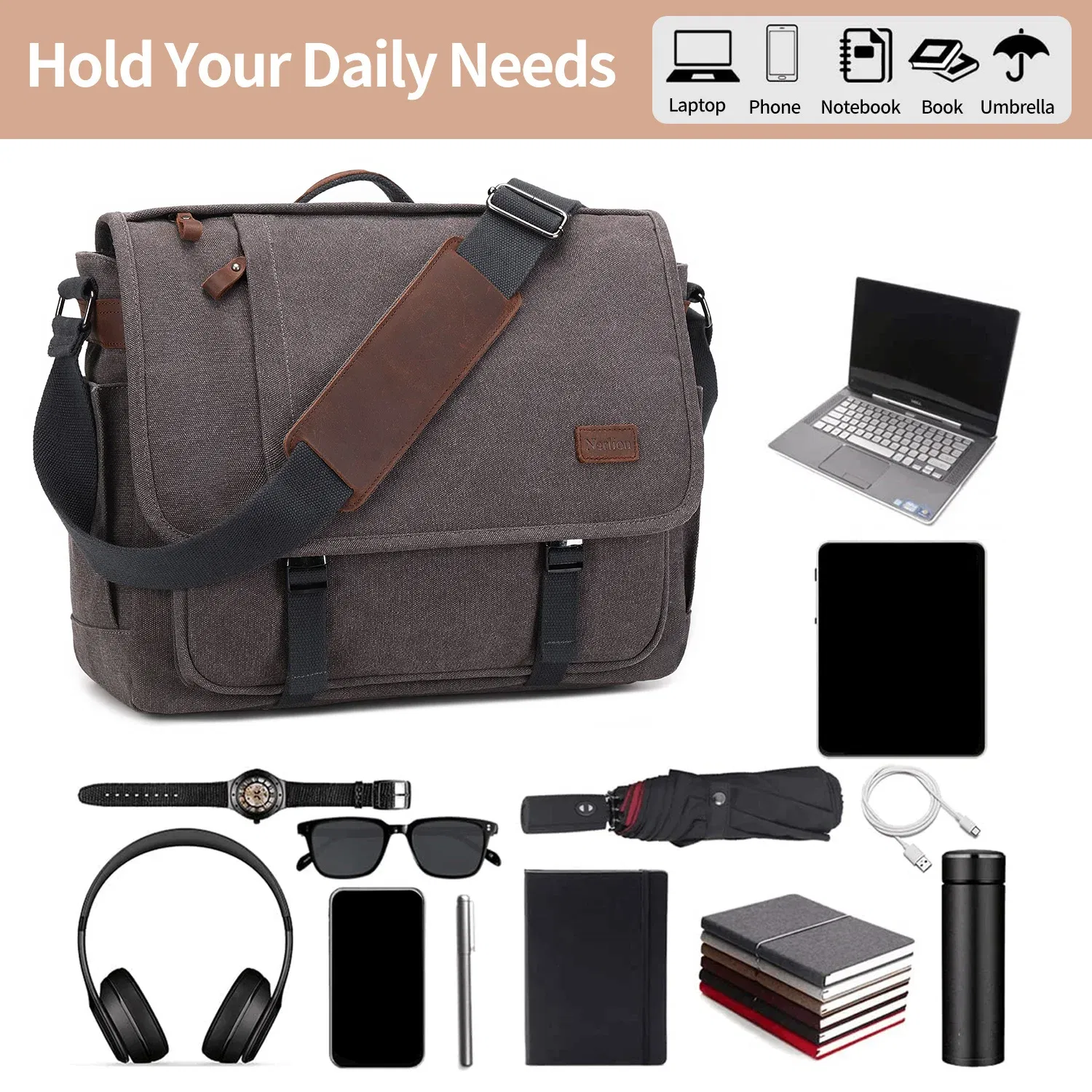 Color: Khaki - Waterproof Canvas Messenger Bag for Men, Messenger Bag  ,Shoulder Bag, Casual Computer Bag, Business Bag, Crazy Horse Cowhide
