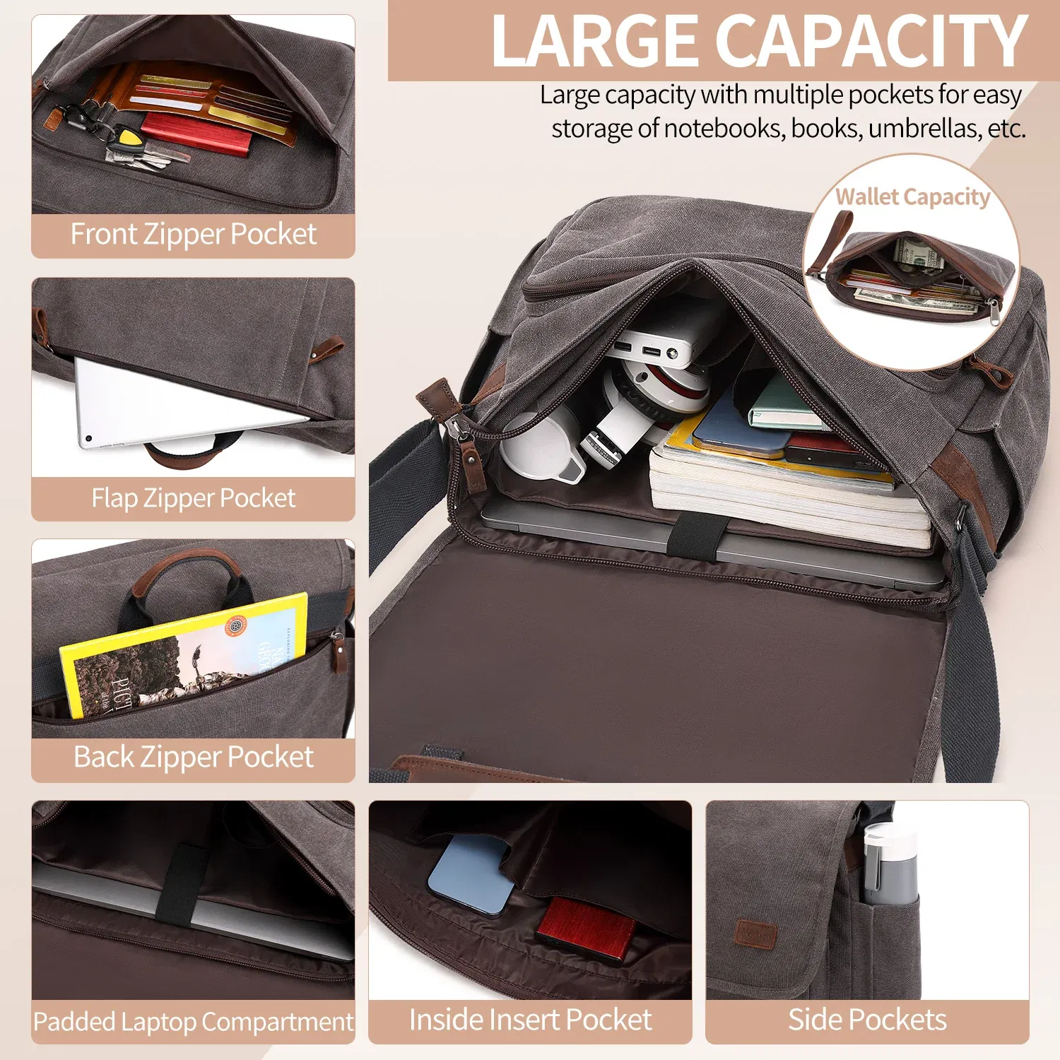 Color: Khaki - Waterproof Canvas Messenger Bag for Men, Messenger Bag  ,Shoulder Bag, Casual Computer Bag, Business Bag, Crazy Horse Cowhide