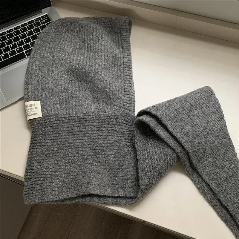 Color: Red - Multicolor Balaclava women's autumn and winter warm wool hat scarf integrated hooded scarf knitted hat trendy