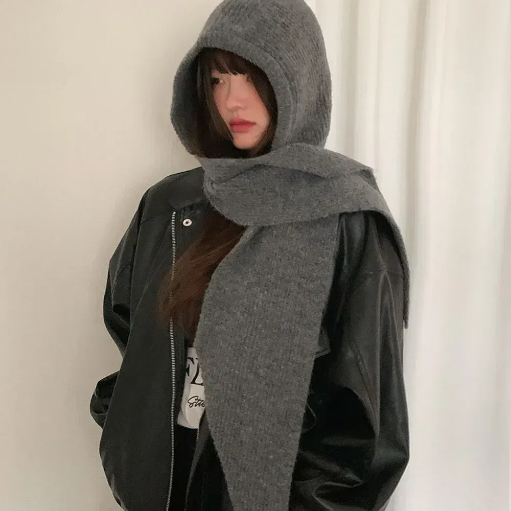 Color: Red - Multicolor Balaclava women's autumn and winter warm wool hat scarf integrated hooded scarf knitted hat trendy