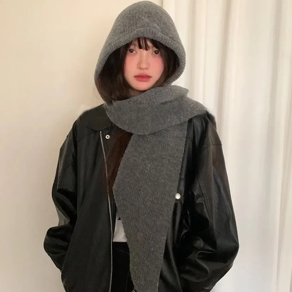 Color: Red - Multicolor Balaclava women's autumn and winter warm wool hat scarf integrated hooded scarf knitted hat trendy