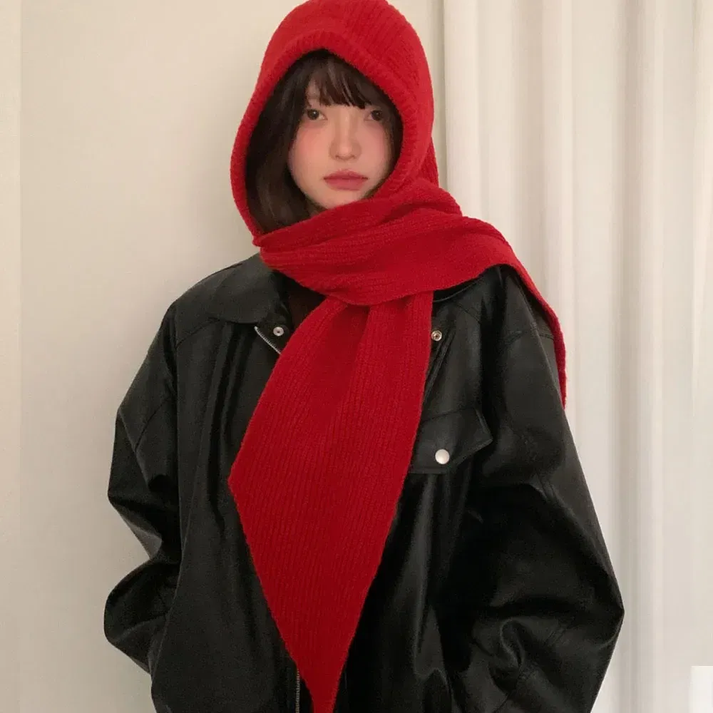 Color: Red - Multicolor Balaclava women's autumn and winter warm wool hat scarf integrated hooded scarf knitted hat trendy