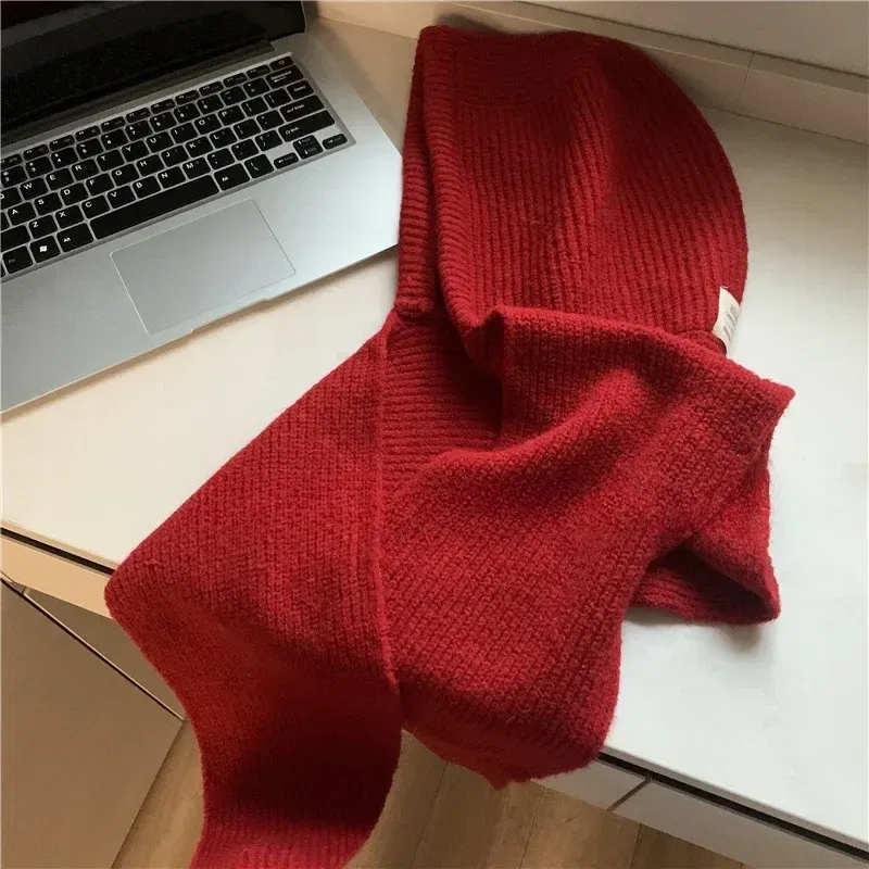 Color: Red - Multicolor Balaclava women's autumn and winter warm wool hat scarf integrated hooded scarf knitted hat trendy