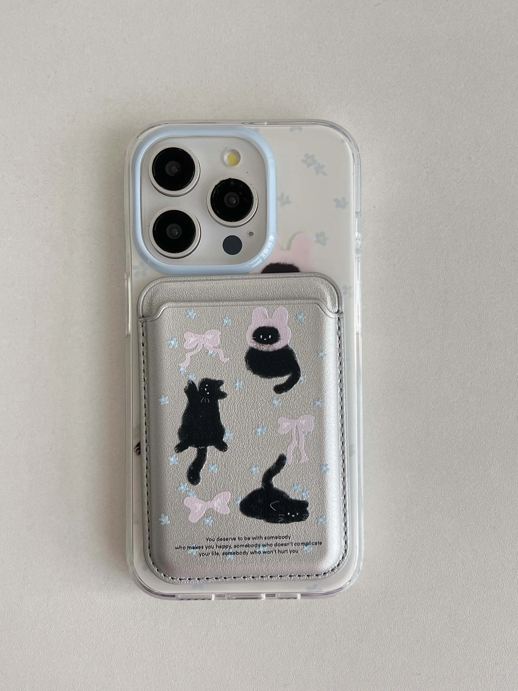 Color: SKY BLUE, Material: Carbon Fiber - Cute Black Cat, Pink Bow, Blue Flower Magnetic Card Holder Phone Case for IPhone 13 14 15 Pro Max 13Pro 16ProMax 14Pro 15Pro 12