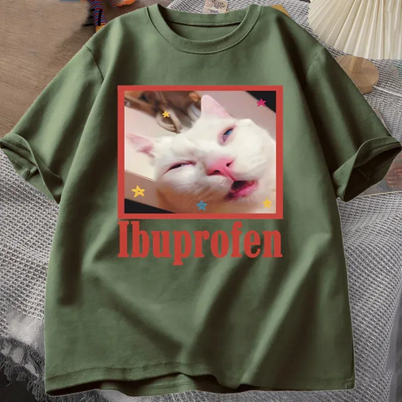 Color: Blue, Size: S - Ibuprofen Cat Meme Tshirt Funny Cat Graphic Tee Cute Cat Lover Cotton T-Shirt Casual Funny T Shirts Unisex Oversized Tshirt Tee