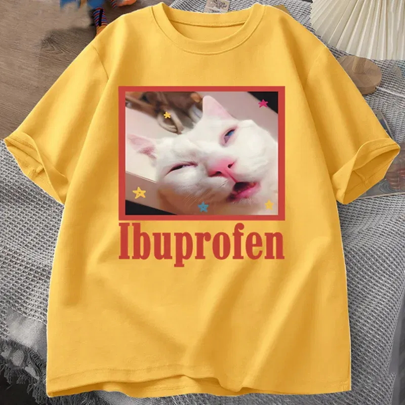 Color: Blue, Size: S - Ibuprofen Cat Meme Tshirt Funny Cat Graphic Tee Cute Cat Lover Cotton T-Shirt Casual Funny T Shirts Unisex Oversized Tshirt Tee