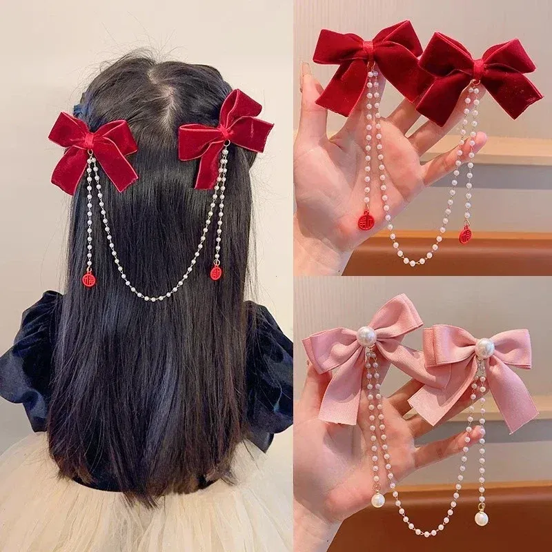 Color: black - Elegant Pearl Bow Tassel Hair Clip Solid Velvet Hair Claw Children Princess Best Hairpins New Fashion Beauty Hair Accessories