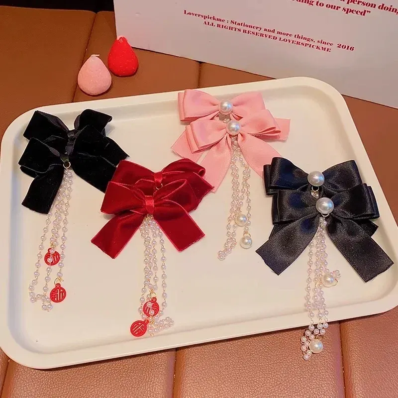 Color: black - Elegant Pearl Bow Tassel Hair Clip Solid Velvet Hair Claw Children Princess Best Hairpins New Fashion Beauty Hair Accessories