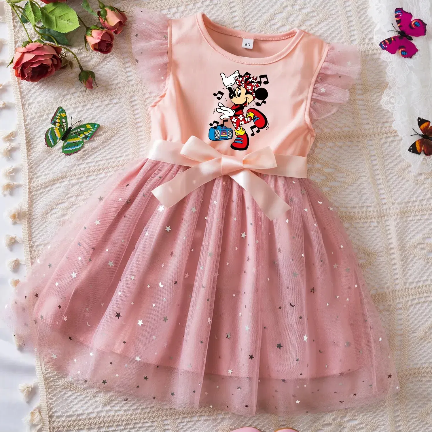Color: Khaki, Size: S - Mickey Minnie Mouse Girls Summer Clothes Flying Sleeves Bow Sequin Dress 2-6Y Kid Birthday Tutu Princess Dress for Baby Girl
