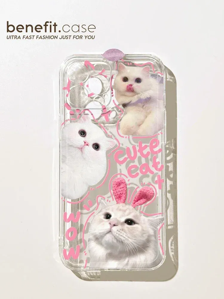 Color: Beige, Material: Nylon - Cute Kitten Phone Case for iPhone 15 14 13 12 11 Pro Max XR XS X 7 8 Plus Mini SE Clear Cat Mobile Case