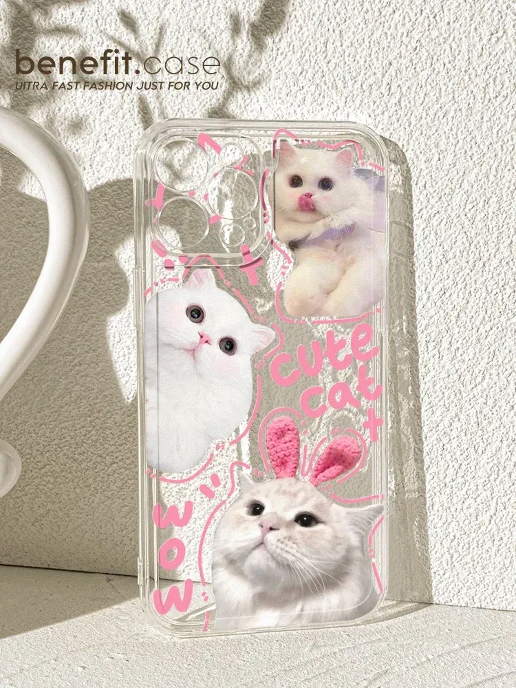 Color: Beige, Material: Nylon - Cute Kitten Phone Case for iPhone 15 14 13 12 11 Pro Max XR XS X 7 8 Plus Mini SE Clear Cat Mobile Case
