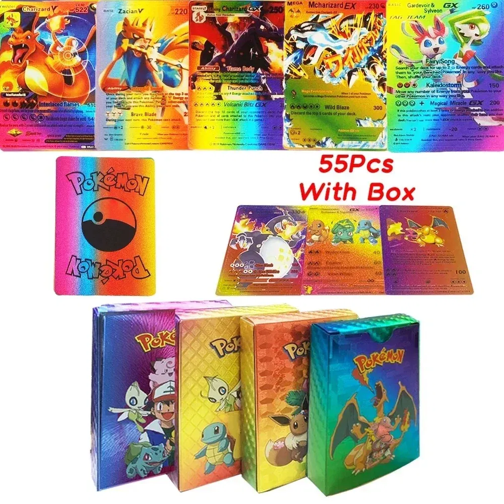 Color: four - 55PCS Pokemon Colorful Gold Foil Card Charizard Pikachu Arceus Diamond Rainbow English French German Spanish VSTAR GX VMAX Cards