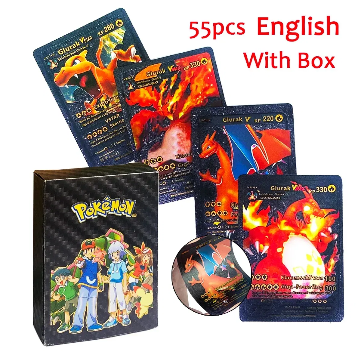 Color: four - 55PCS Pokemon Colorful Gold Foil Card Charizard Pikachu Arceus Diamond Rainbow English French German Spanish VSTAR GX VMAX Cards