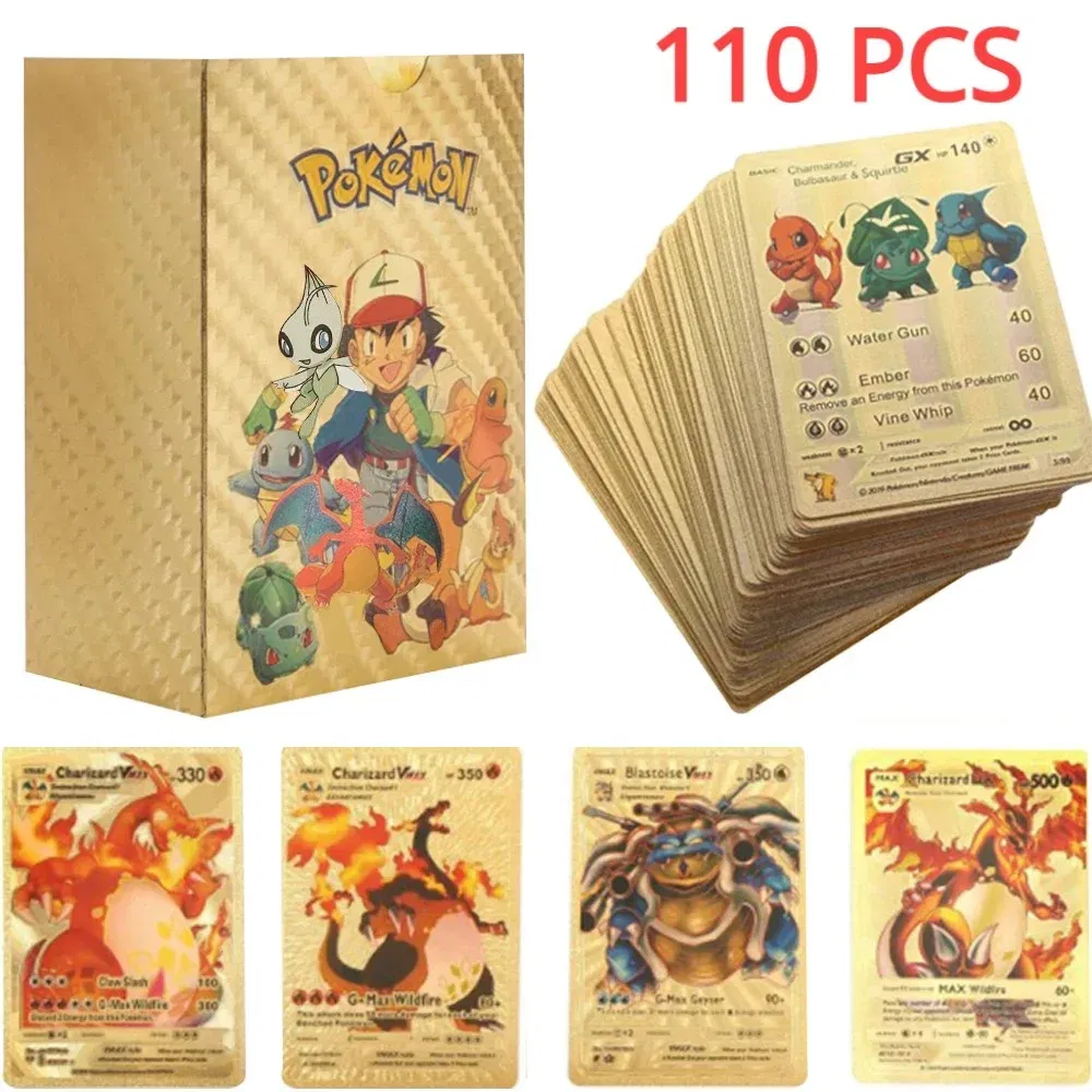 Color: four - 55PCS Pokemon Colorful Gold Foil Card Charizard Pikachu Arceus Diamond Rainbow English French German Spanish VSTAR GX VMAX Cards