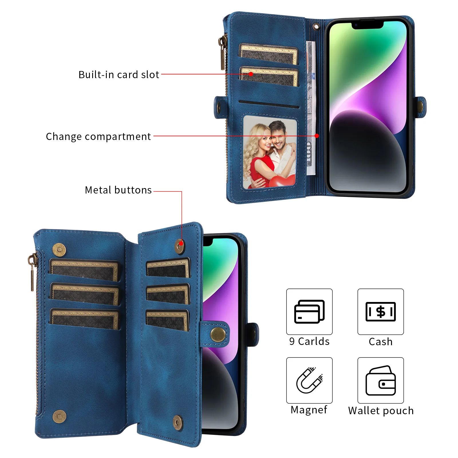 Color: Brown, Material: Cotton Fabric - Zipper Multi 9 Cards Wallet Case for OPPO Reno 12 10 8 7 6 5 Pro 11F 11A 8T 6Z 5Z Retro Leather Lanyard Wrist Strap Phone Cover
