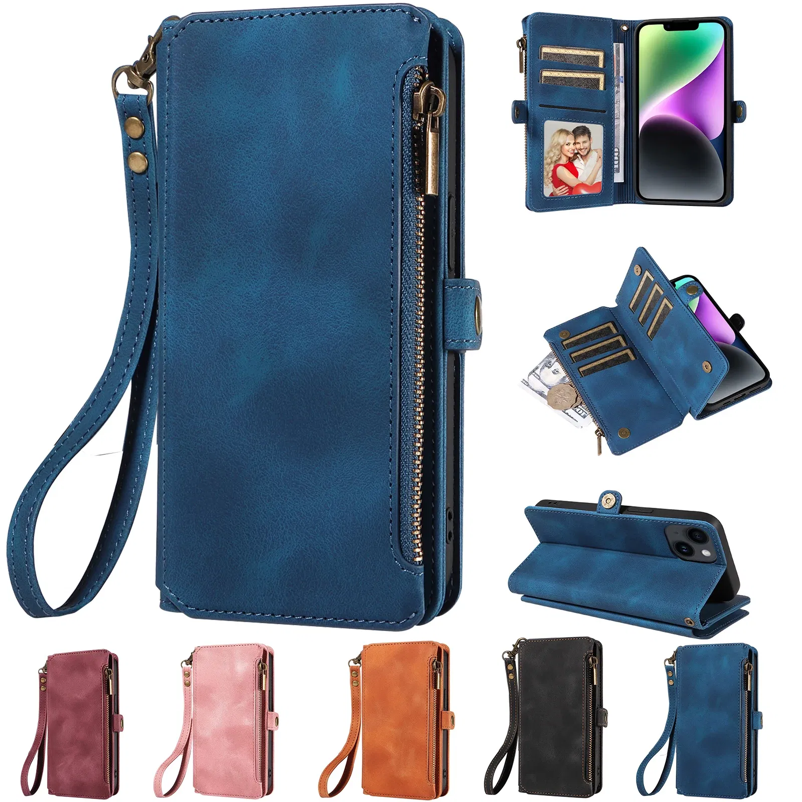 Color: Brown, Material: Cotton Fabric - Zipper Multi 9 Cards Wallet Case for OPPO Reno 12 10 8 7 6 5 Pro 11F 11A 8T 6Z 5Z Retro Leather Lanyard Wrist Strap Phone Cover