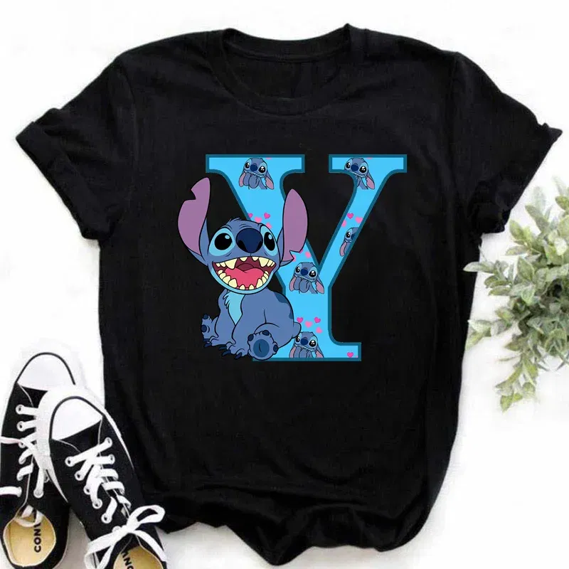 Color: Navy Blue, Size: XXXL - Disney Lilo&Stitch A-Z Alphabet Summer Women's Printed T-Shirt Women's Casual Tops T-Shirt Fashion Cartoon Plus Size T-Shirt