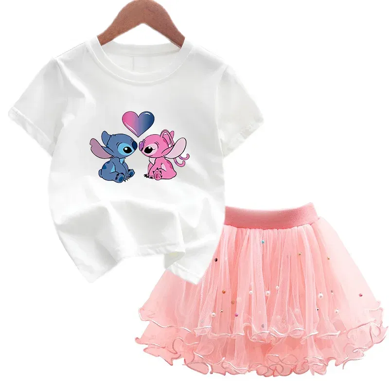Color: Brown, Kid Size: 5 - 2pcs Lilo Stitch Summer Girls Outfits Cartoon T-shirt and Tutu Skirt Princess Clothes Suit Children Birthday Clothing Sets