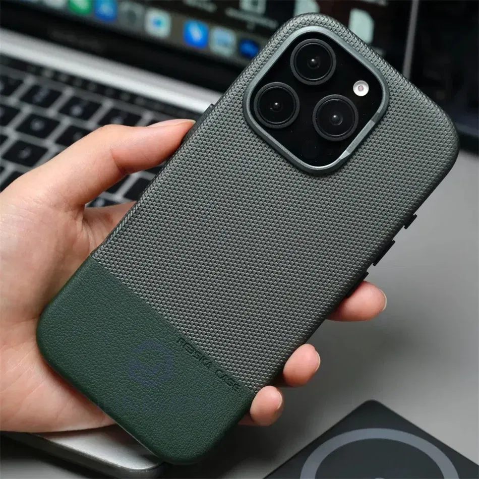 Color: Beige, Material: PVC - Business Hit Color Relief Leather Case For iPhone 16 15 14 13 Pro Max For Magsafe Magnetic Wireless Charge Alloy Len Cover Bag