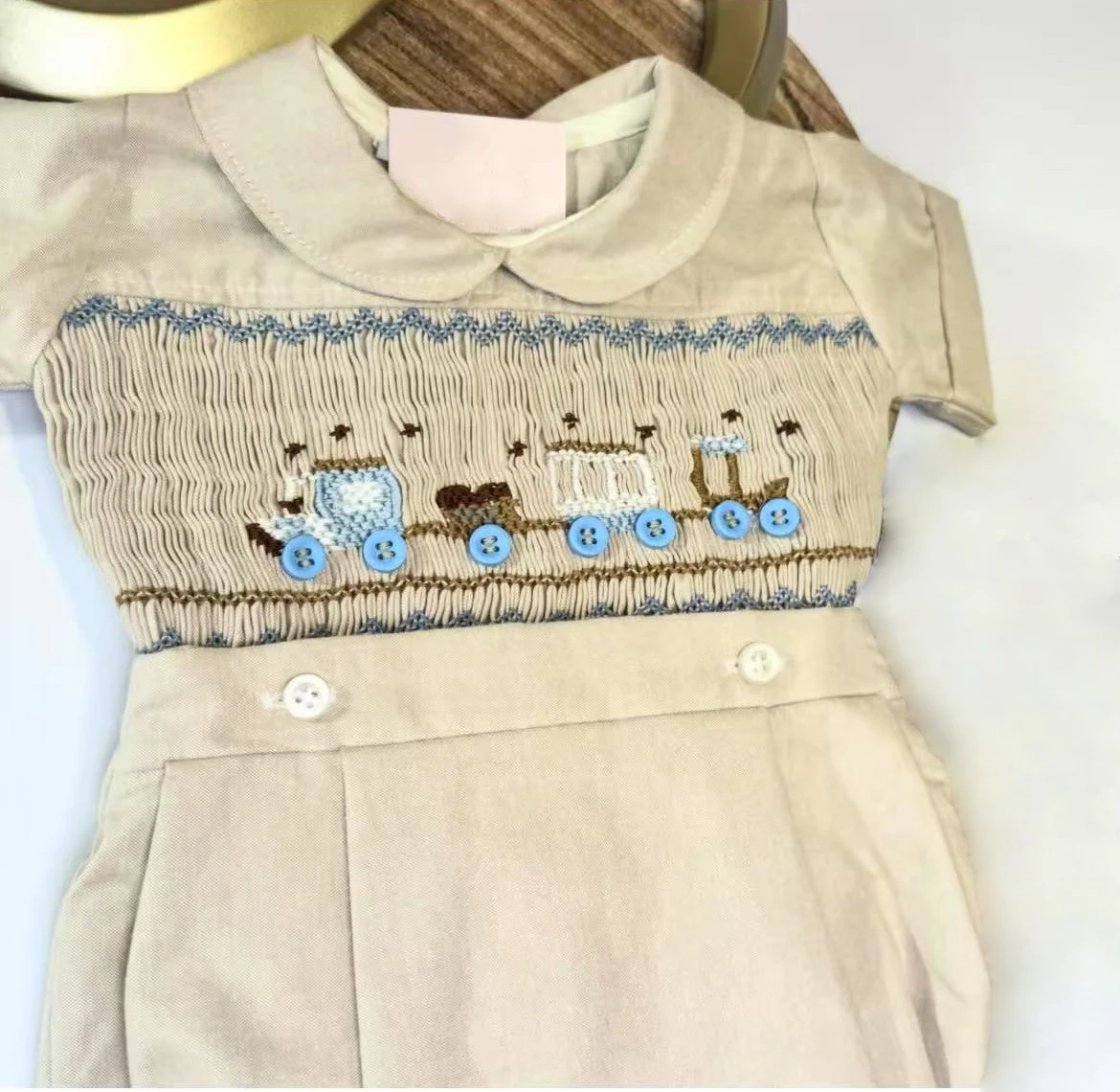 Kid Size: 6M - 0-6Y Baby Boy Summer Short Sleeves Green Handmade Embroidery Smocked Outfit Suit for Party Birthday Holiday A179