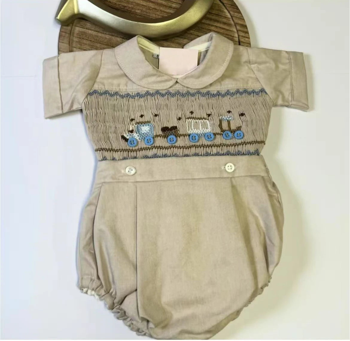 Kid Size: 6M - 0-6Y Baby Boy Summer Short Sleeves Green Handmade Embroidery Smocked Outfit Suit for Party Birthday Holiday A179