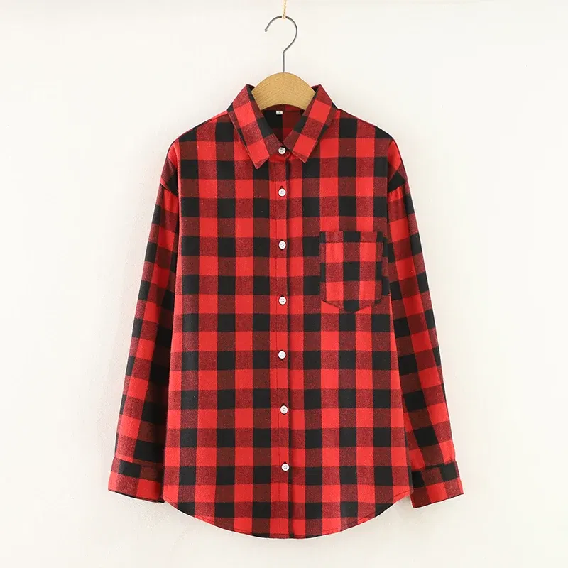 Color: Light Green, Size: S - Fresh Flannel Plaid Shirt Women 2025 New Female Blouses and Tops Cotton Loose Long Sleeve Casual Shirts Fine Women's Clothes