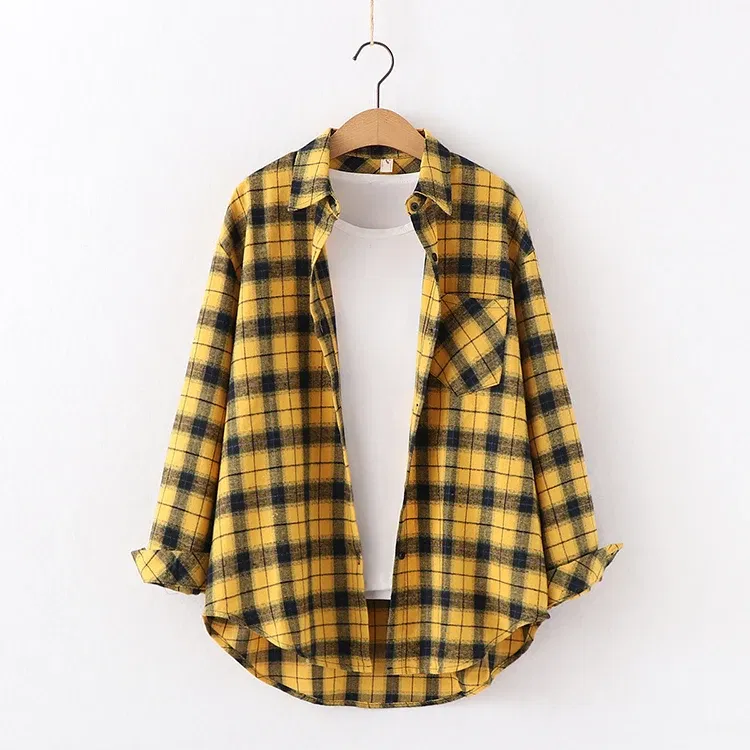 Color: Light Green, Size: S - Fresh Flannel Plaid Shirt Women 2025 New Female Blouses and Tops Cotton Loose Long Sleeve Casual Shirts Fine Women's Clothes