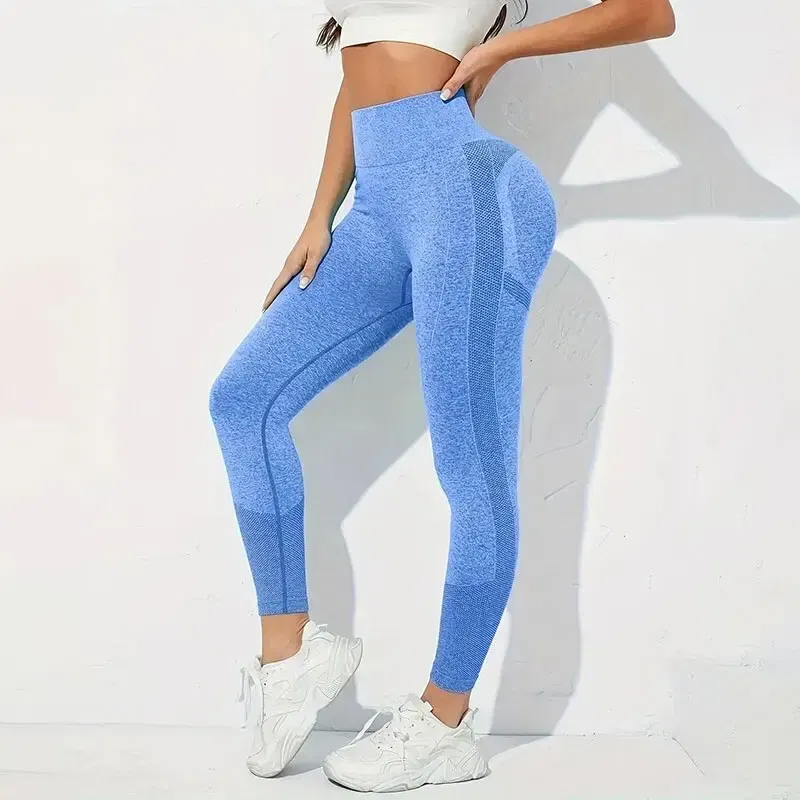 Size: L, Color: Dark blue - Yoga Basic 3pcs Fitness Gym Tights Seamless Hip-hugging Tummy Control Yoga Leggings With Punch Out Holes
