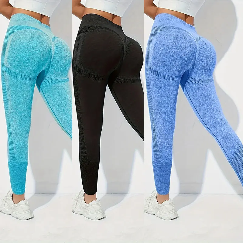 Size: L, Color: Dark blue - Yoga Basic 3pcs Fitness Gym Tights Seamless Hip-hugging Tummy Control Yoga Leggings With Punch Out Holes