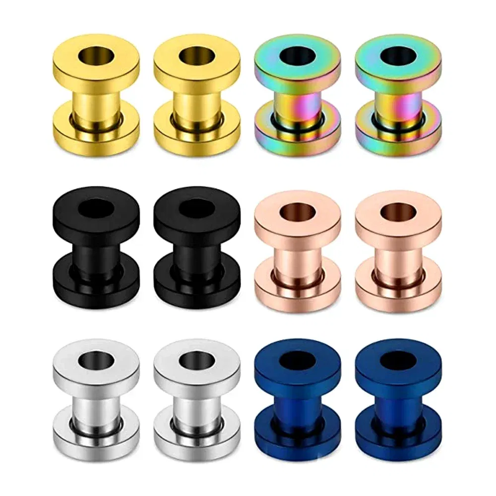Metal color: Light Yellow Color, Main Stone Color: Silver - 2PCS Multi Color Steel Screw Fit Tunnel Ear Plug Stretcher Gauge 3-25mm Ear Lobe Tunnel Expander