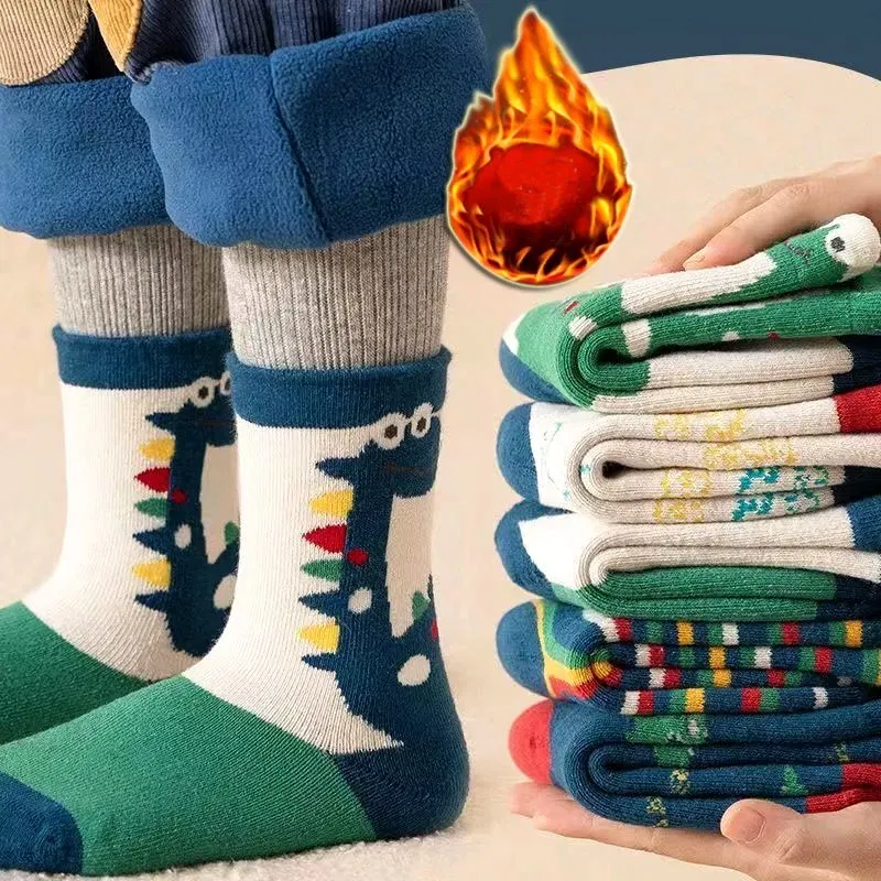 Color: Brown, Size: 2-3T - Children's Winter Socks 5 Pairs Student's Thick Cotton Socks Boys Warm Winter Socks Cartoon Racing Car Pattern