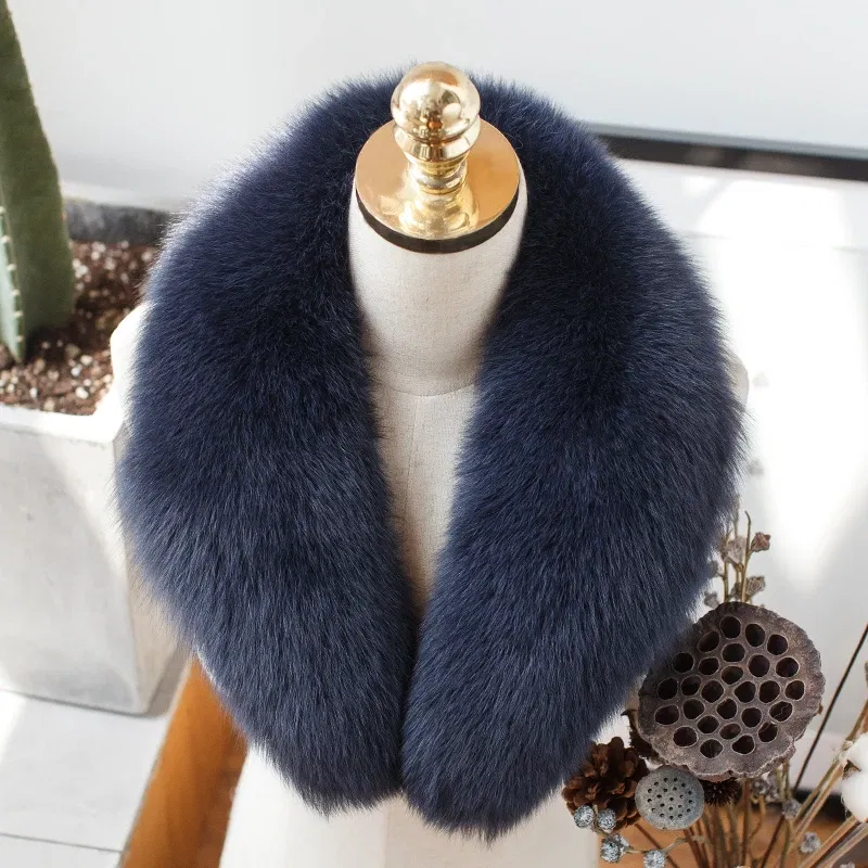 Color: Dark Khaki, Size: XL - 100% Natural Real Fox Fur Collar For Women Men Coat Jacket Fur Scarf Winter Extra Large Size Neck Warmer Fur Scarf Shawls Wraps