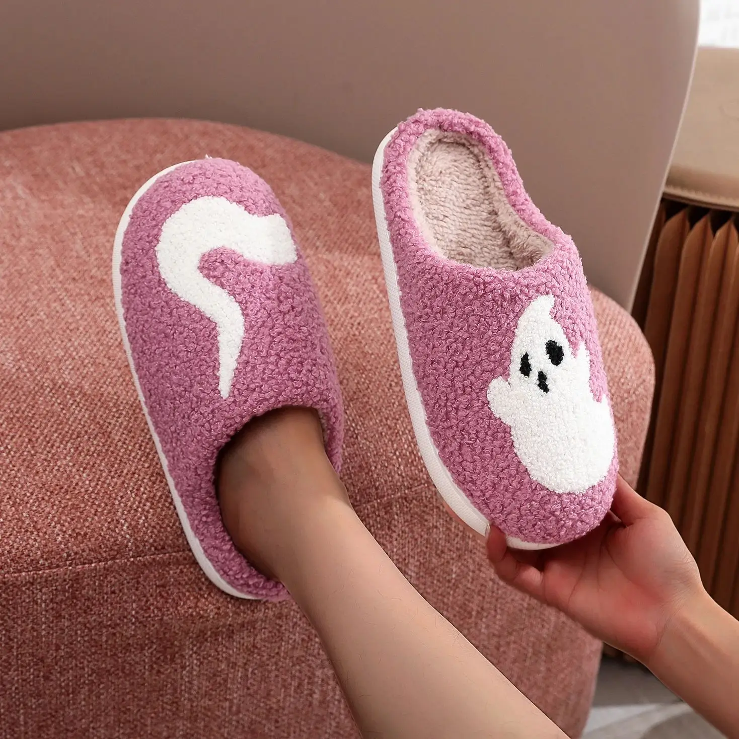 Color: PURPLE, Shoe Size: 38 - Halloween Ghost Pattern Home plaid stuffed Slippers Winter Warm Shoes Home Cotton Slippers Non-slip Thick Sole Holiday Gift Preferred