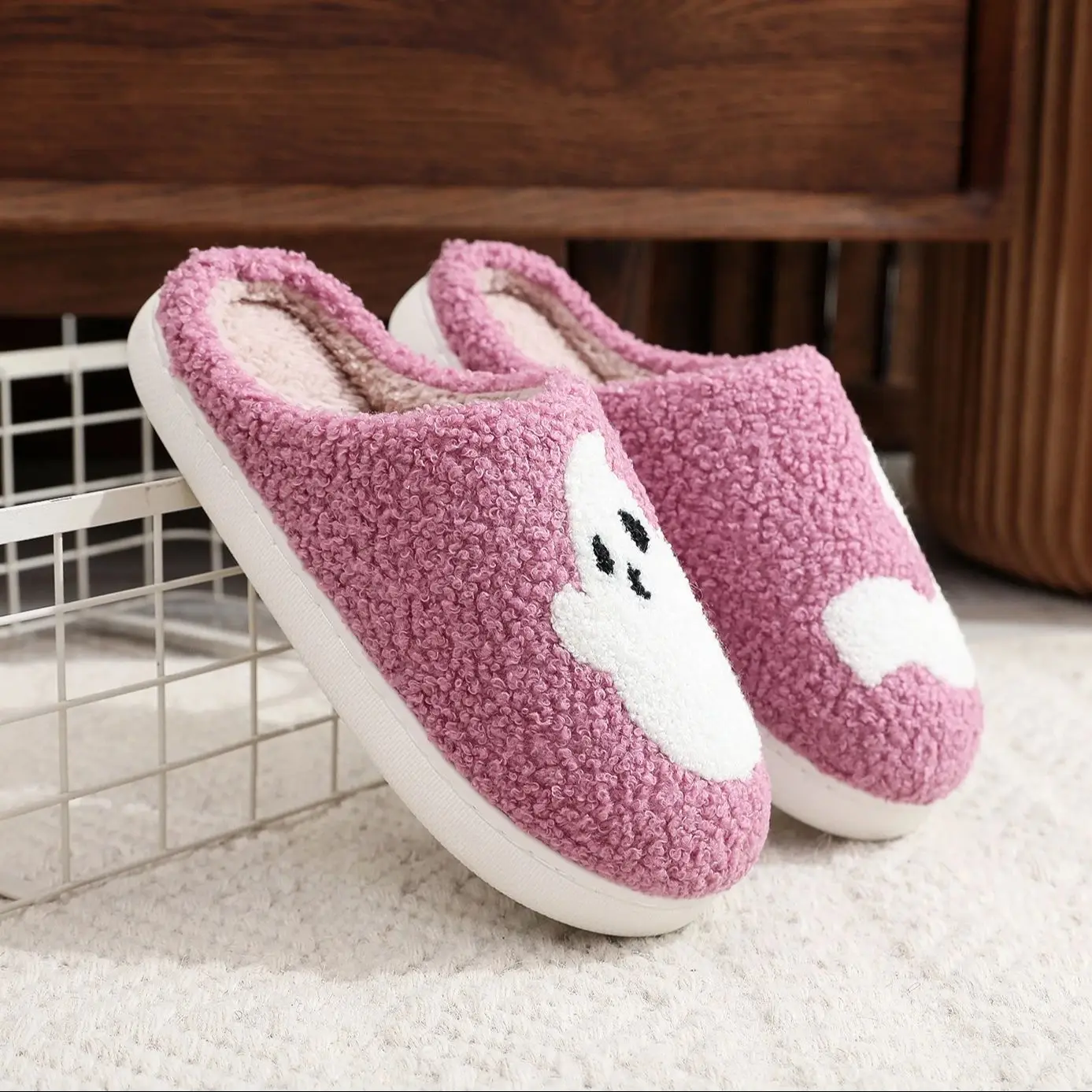 Color: PURPLE, Shoe Size: 38 - Halloween Ghost Pattern Home plaid stuffed Slippers Winter Warm Shoes Home Cotton Slippers Non-slip Thick Sole Holiday Gift Preferred
