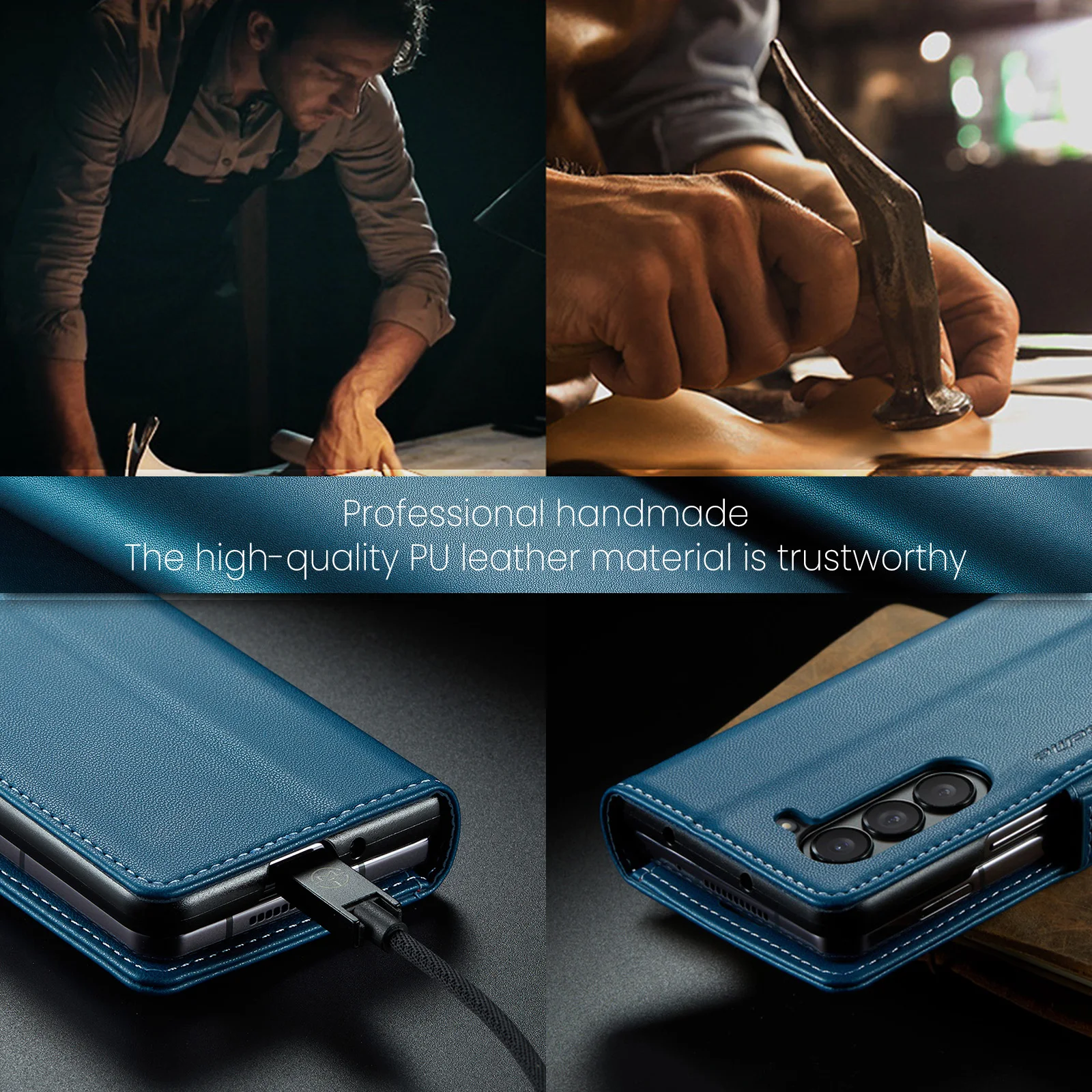 Material: Leather, Color: Blue - Business Style Folio Flip Leather Case for Samsung Z Fold 7 6 5 5G Fold7 Fold6 Magnetic Kickstand Card Holder Wallet Phone Cover