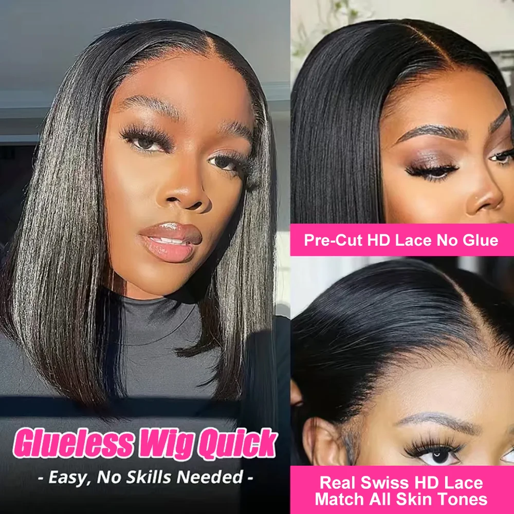 Hair Color: #1, Ships From: CHINA, Stretched Length: 10inches, Density: 180% - Wear And Go Glueless Bob Wig Human Hair 7x5 HD Lace Closure Human Hair Pre Plucked  No Glue Pre Cut Ready To Wear Frontal Wig