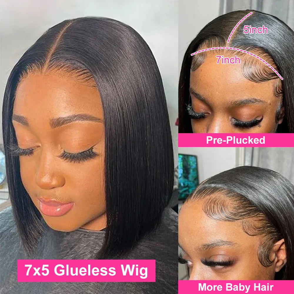 Hair Color: #1, Ships From: CHINA, Stretched Length: 10inches, Density: 180% - Wear And Go Glueless Bob Wig Human Hair 7x5 HD Lace Closure Human Hair Pre Plucked  No Glue Pre Cut Ready To Wear Frontal Wig