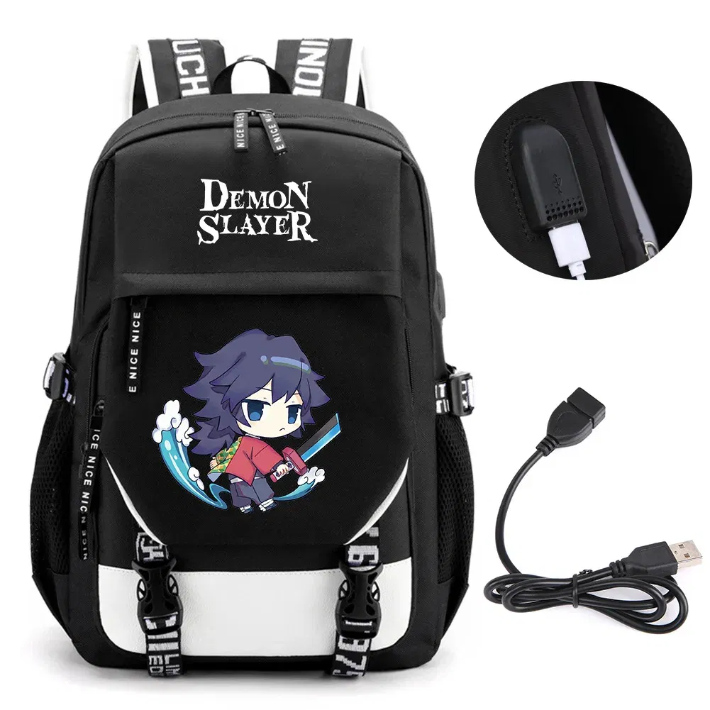 Color: light green - Anime Demon Slayer Kamado Nezuko Backpack School Book Bags Mochila Travel USB Port Bag Laptop Boy Girls Gift