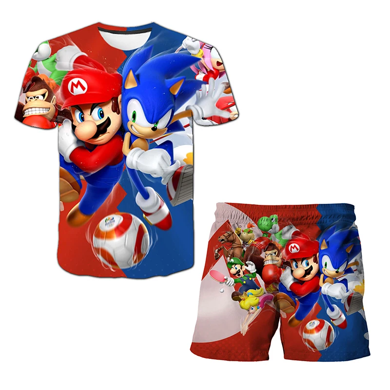 Color: VIOLET/?«?—?…°, Size: M - New Japanese cartoon Sonic T-shirt children's top T-shirt shorts two-piece set summer boy cartoon cute T-shirt+beach pants