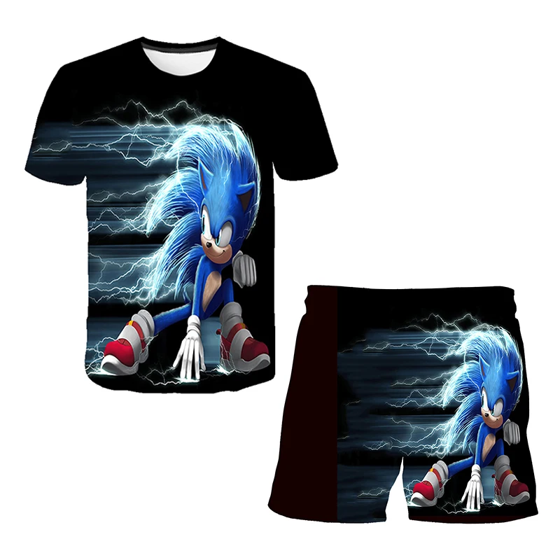 Color: VIOLET/?«?—?…°, Size: M - New Japanese cartoon Sonic T-shirt children's top T-shirt shorts two-piece set summer boy cartoon cute T-shirt+beach pants