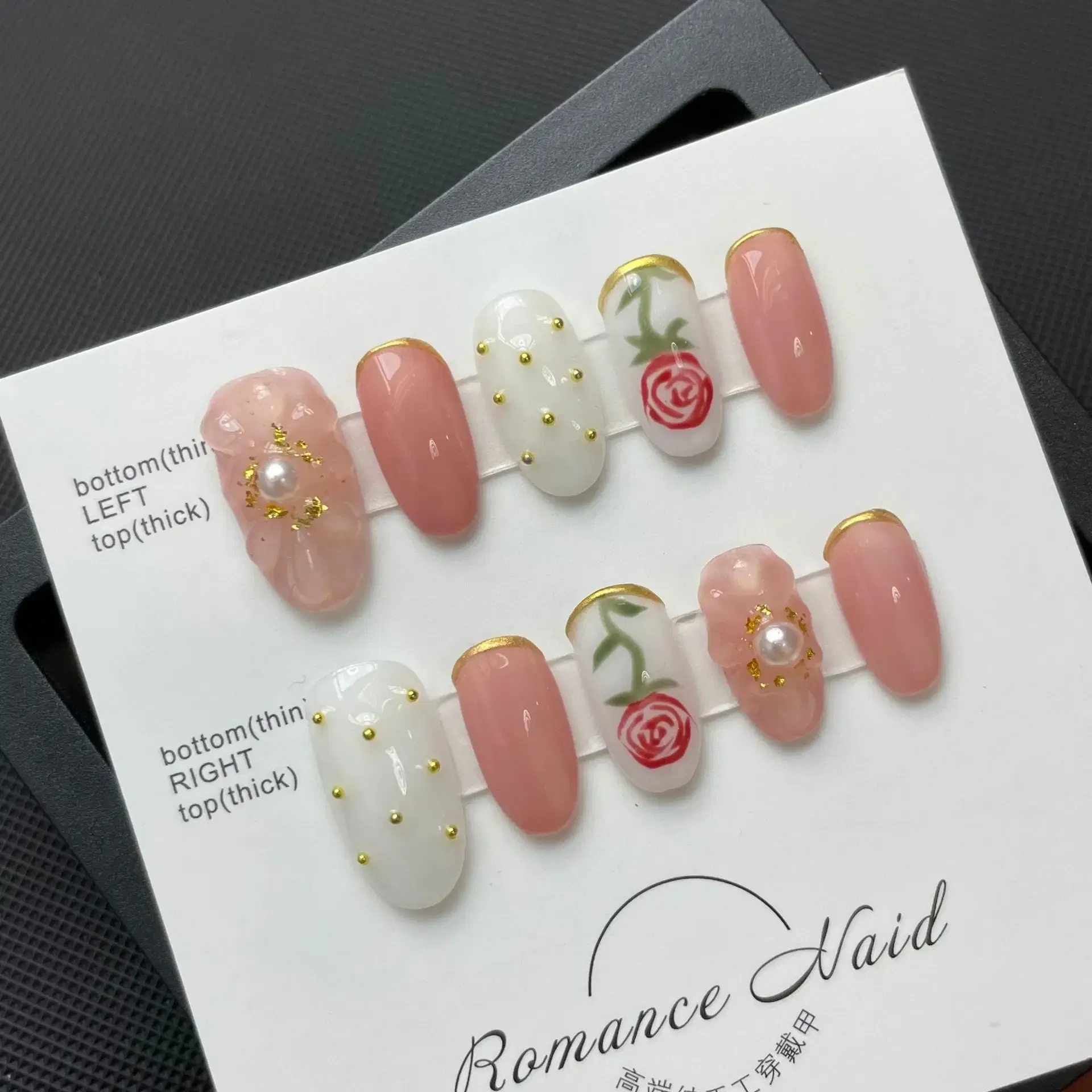 Color: GRAY - 10 pcs Luxury Handmade Press on Nails Middle Ellipse Pink Tulip Design False Nails with 4-PIECE Tool Adhesive Nail Glue Tabs