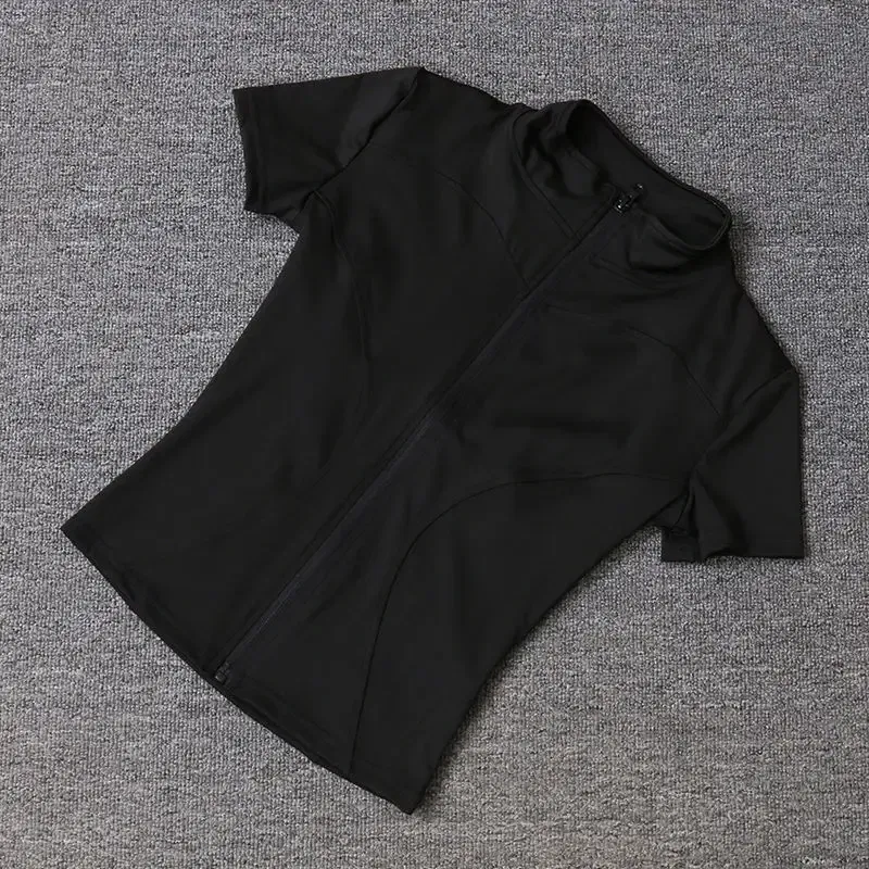 Color: black, Size: M - Summer High Quality Waist Slimming Training Tops Women's Quick-drying Tight Stand Collar Full Zipper Short Sleeves Yoga shirts