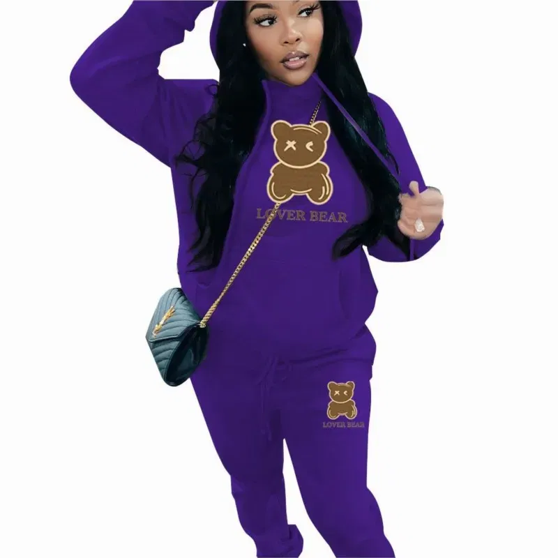 Color: Gold, Size: S - 2 Piece Set Women Outfit Letter Bear Print Hooded Neck Hoodies Sweatshirt Pants Tracksuit 2024 Plus Size Streetwear Casual Suit