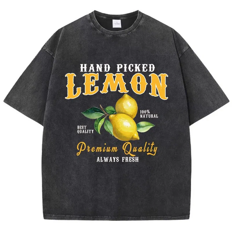 Color: GRAY, Size: XS - Summer Lemon Washed T-Shirts Womens Cotton Oversized O-Neck T Shirts Fresh Fruit Prints Tops Casual Short Sleeve Woman Clothes