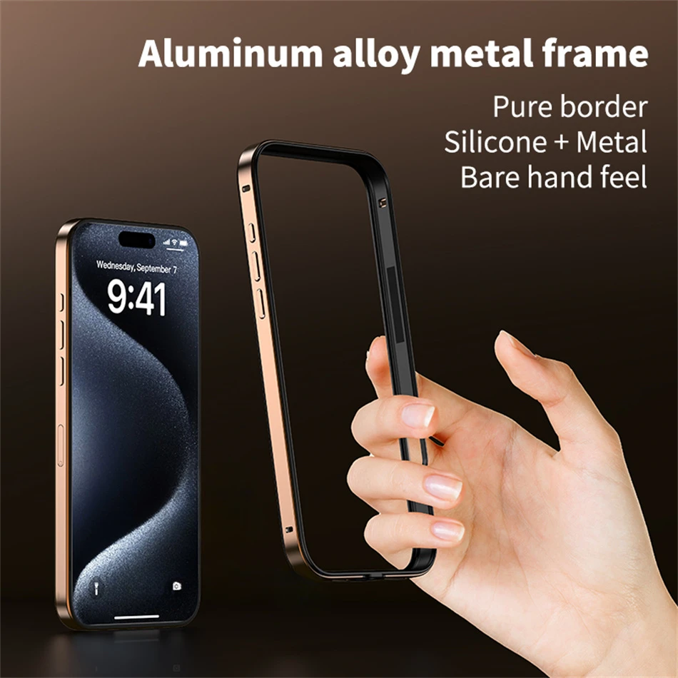 Color: GRAY, Material: Microfiber - Titanium Metal Frame Bumper Shockproof Case for IPhone 16 15 Pro Max Plus 5G for Apple Solid Colour Protection Phone Cover