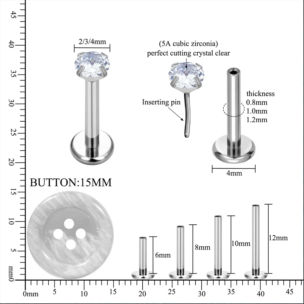 Metal color: Rhodium Plated, Ships From: CHINA, Main Stone Color: Sapphire - 10PCS ASTM F136 G23 Titanium Piercing Labret Lip Ring Stud Earring CZ Ear Tragus Cartilage Helix Daith Pierc Jewelry 16/18/20g