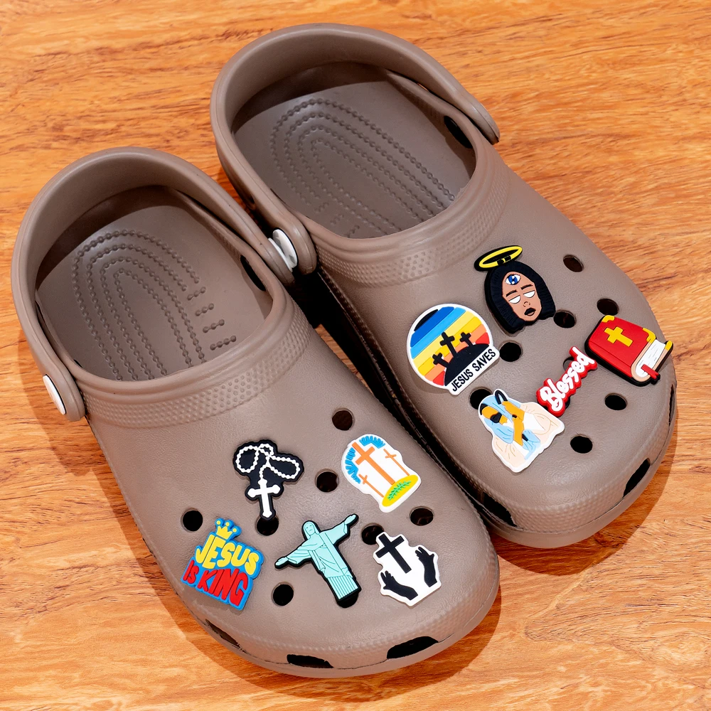Color: Blue - 1pcs New Shoe Charm Religion PVC Clog Charms Crucifix Blessed Virgin Mary Clog Pin Clips Jeans Garden Sandal Shoe Decoration