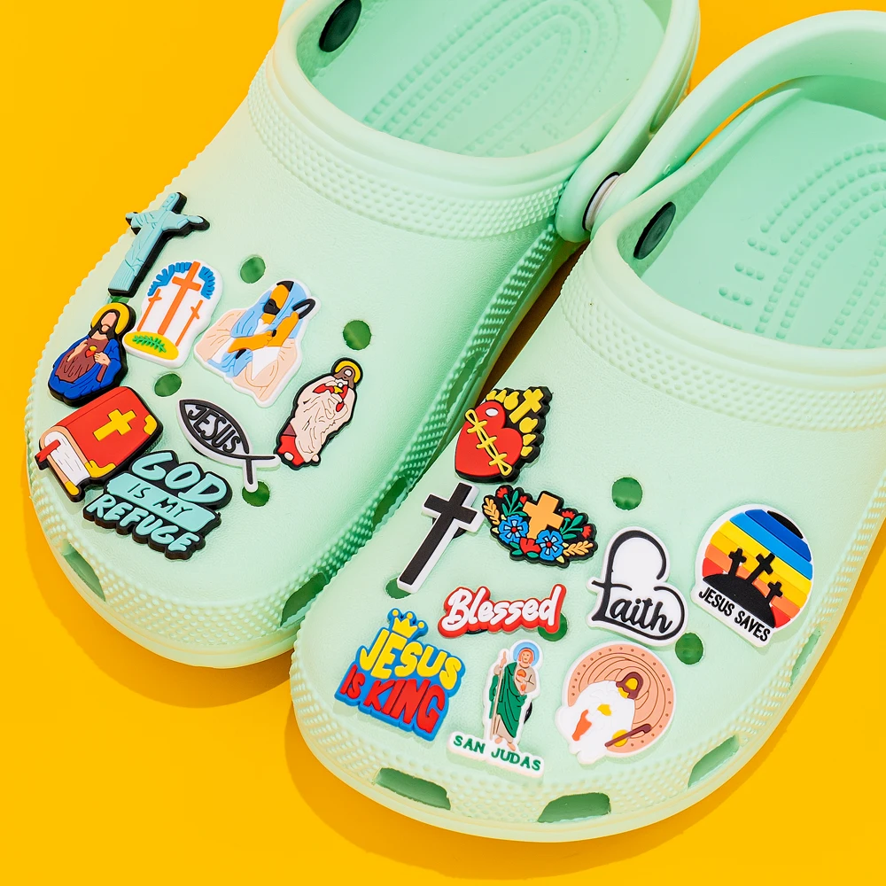 Color: Blue - 1pcs New Shoe Charm Religion PVC Clog Charms Crucifix Blessed Virgin Mary Clog Pin Clips Jeans Garden Sandal Shoe Decoration